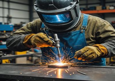 Skilled welder performing TIG weld on stainless steel assembly