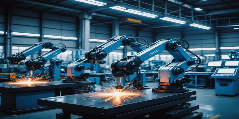 Modern automated fabrication facility with robotic welding and digital monitoring