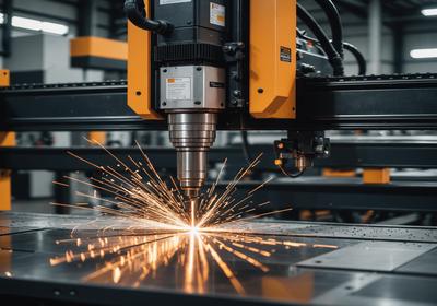 Fibre laser cutting through sheet steel with sparks